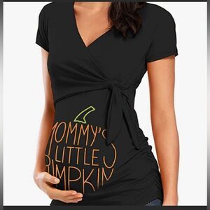 BBhopping Mommy’s Little Pumpkin Vneck Tie Wrap Side Cinch Graphic Maternity
